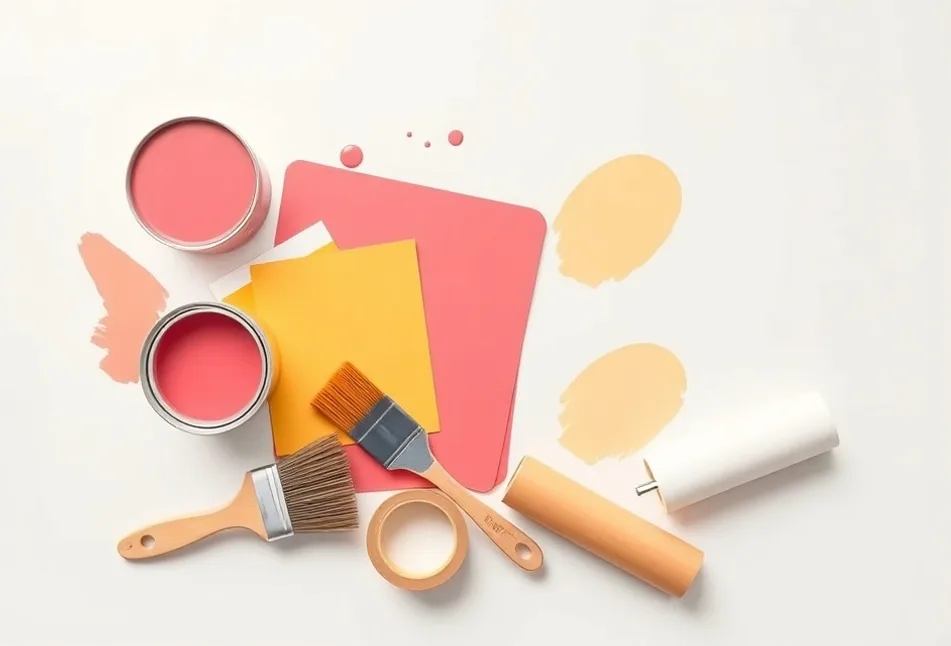 Pots de peinture, nuancier, brosses et rouleaux disposés à plat