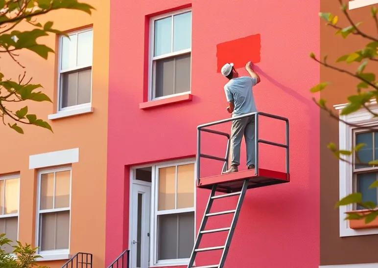 Peintre sur échafaudage traitant la façade d'une maison