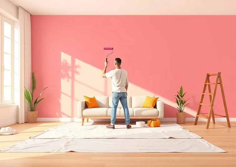 Peintre appliquant la peinture au rouleau sur un mur de salon